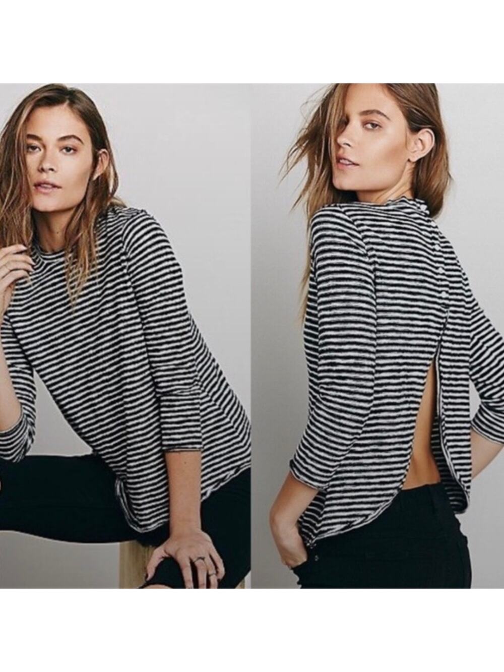 We The Free Womens S Black White Stripe Mod Open Back 3/4 Sleeve Casual Top